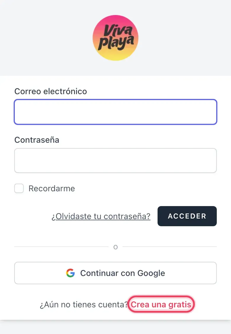 Pantalla de entrada con el enlace «Crea una gratis»