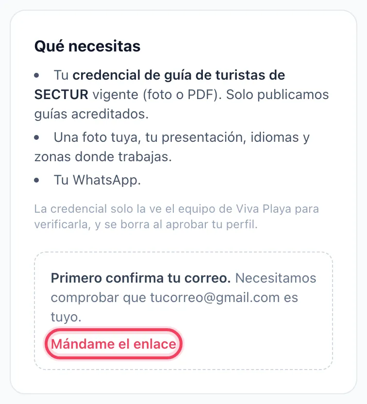 Aviso para confirmar el correo con el botón «Mándame el enlace»
