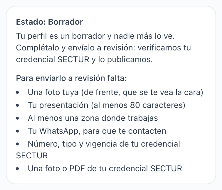 Lista de lo que falta para enviar el perfil