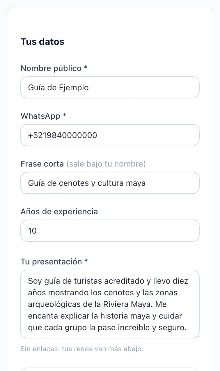 Tus datos: nombre, WhatsApp, frase y presentación