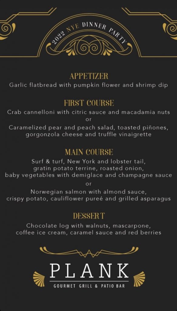 Menu Plank Cena Año Nuevo 2022 Playa del carmen